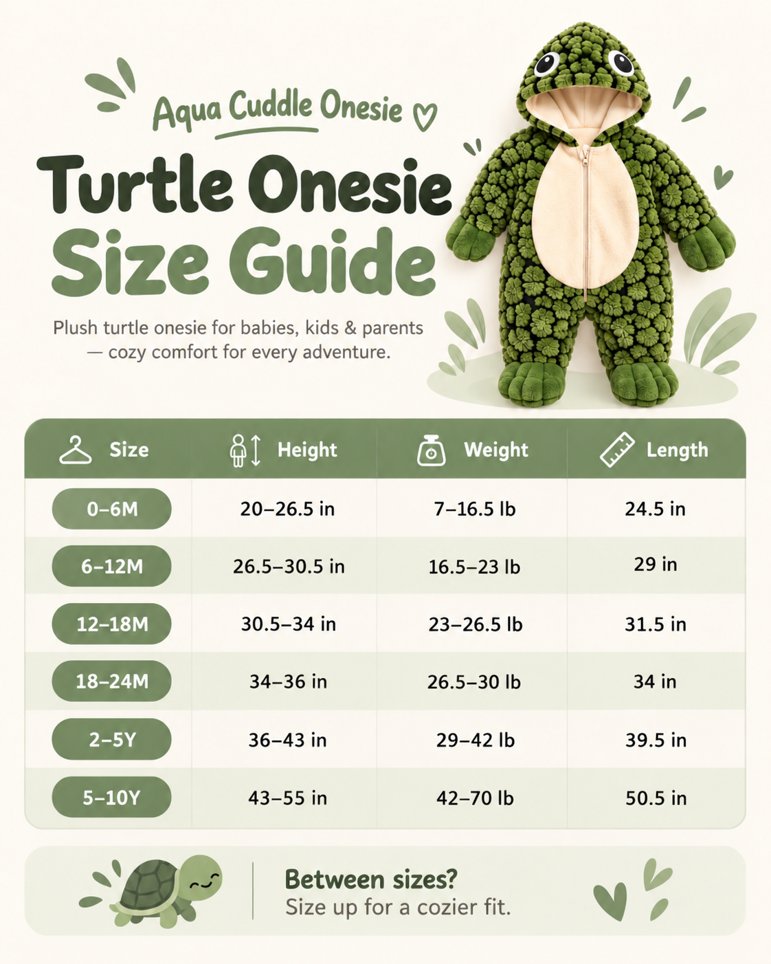 Comprehensive AquaCuddle Wearable Turtle Shell Onesie size guide for babies, kids and adults