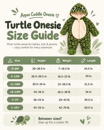 Comprehensive AquaCuddle Wearable Turtle Shell Onesie size guide for babies, kids and adults