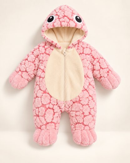 Baby zipped inside AquaCuddle plush wearable turtle shell onesie laughing on nursery rug