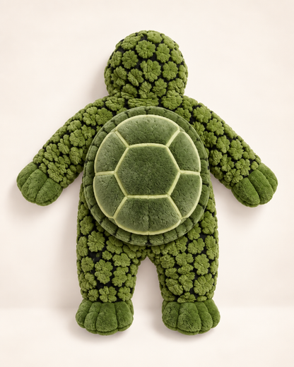 Toddler walking and playing in AquaCuddle wearable turtle shell costume onesie