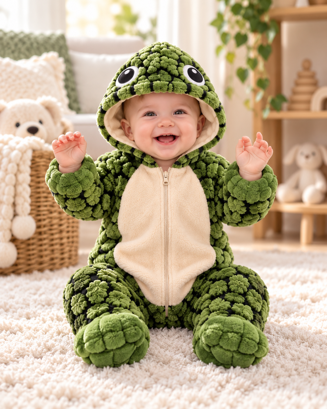 Breathable baby-safe zip design and cushioned shell dome on AquaCuddle turtle onesie