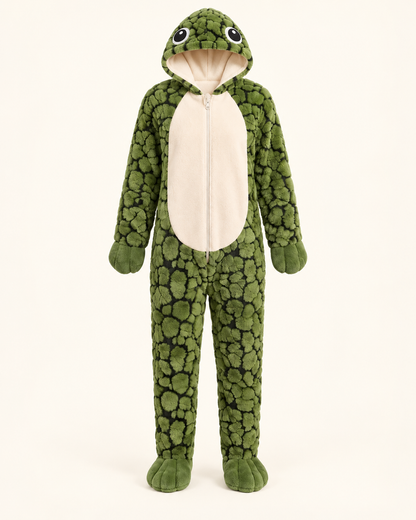 Mother and toddler wearing matching AquaCuddle wearable turtle onesies for family cuddle time
