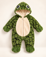AquaCuddle Wearable Turtle Shell Onesie Pillow in soft Olive Green worn by cozy toddler lounging