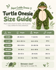Comprehensive AquaCuddle Wearable Turtle Shell Onesie size guide for babies, kids and adults