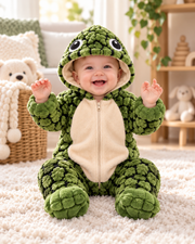 Breathable baby-safe zip design and cushioned shell dome on AquaCuddle turtle onesie