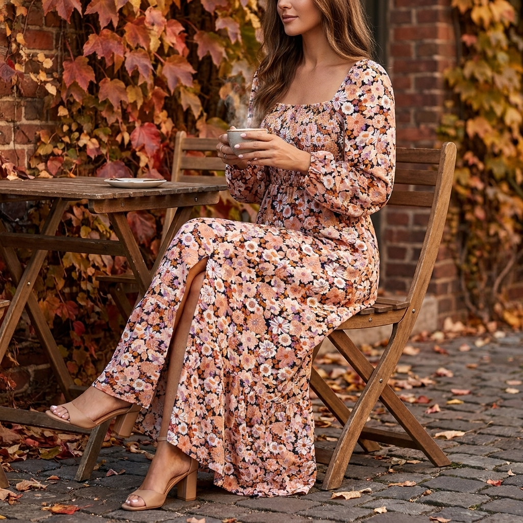 Floralia Smocked Floral Midi Dress in Pink Floral Print - Lifestyle Look