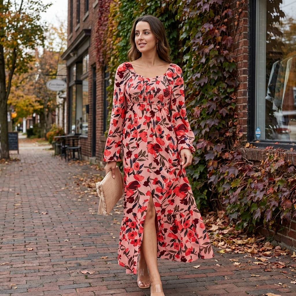 Autumn floral print dress back view and flexible smocked fit