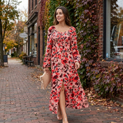 Autumn floral print dress back view and flexible smocked fit