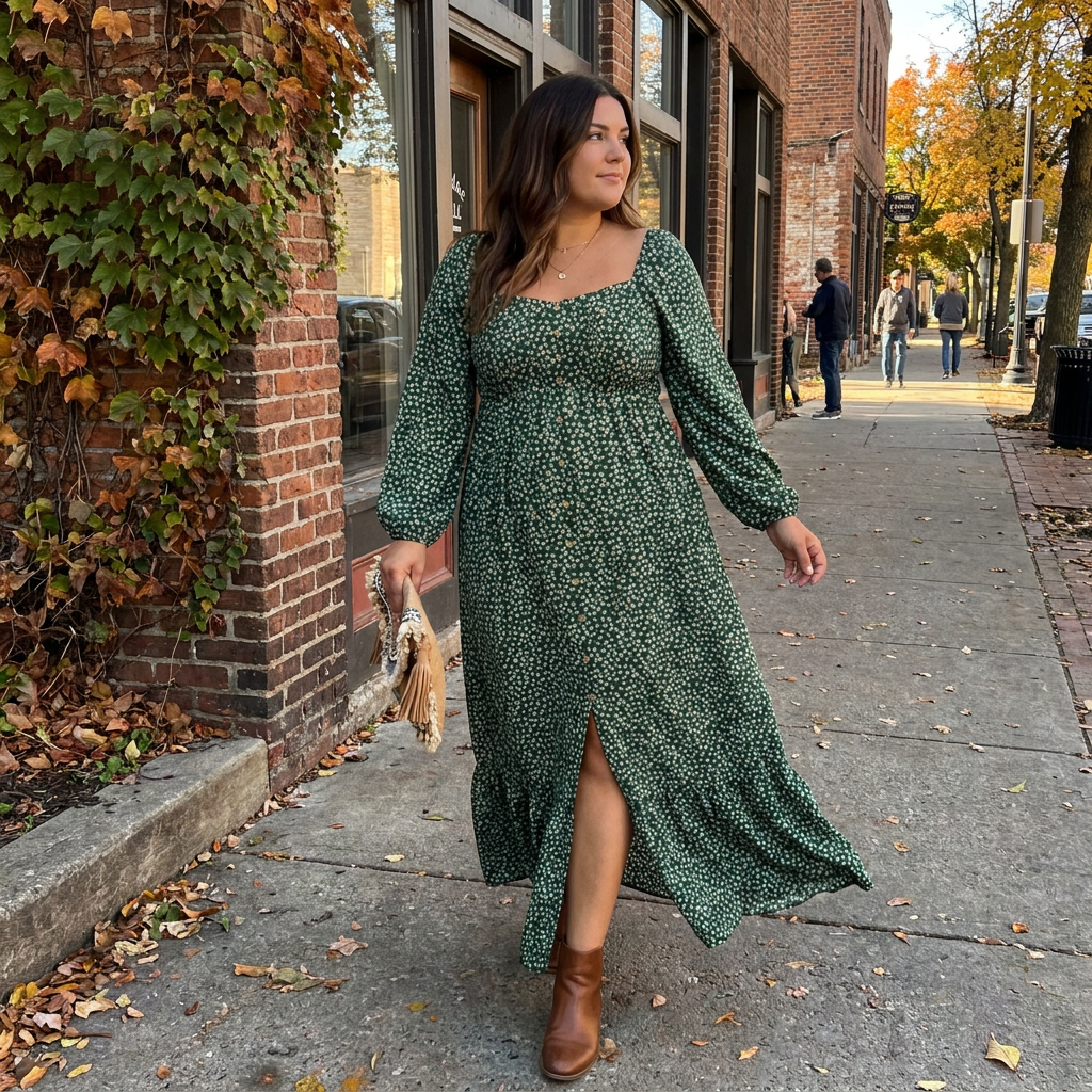 Flattering Fall Floral Midi Dress Styled with Ankle Boots