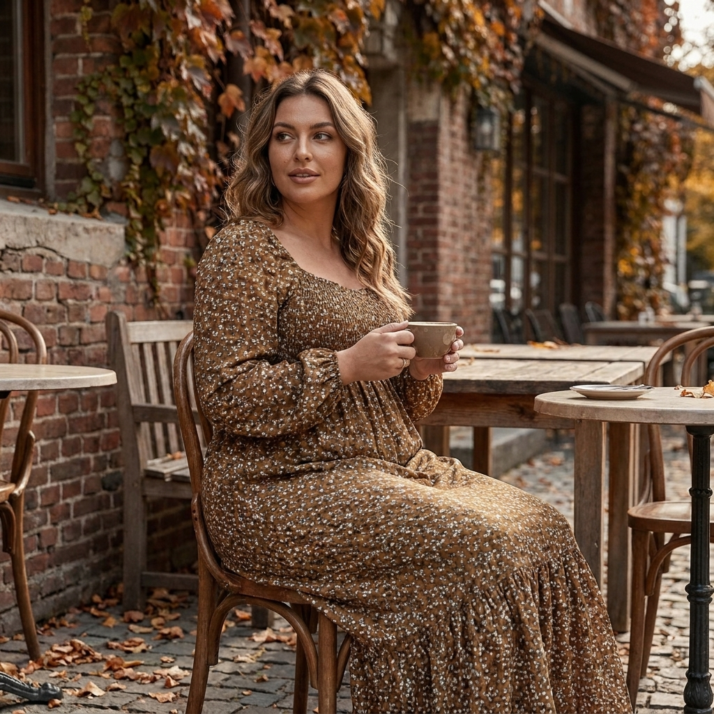Smocked Square-Neck Floral Midi Dress in Rich Fall Brown front view