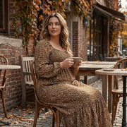 Floralia Smocked Square-Neck Floral Midi Dress in Rich Fall Brown - Front View
