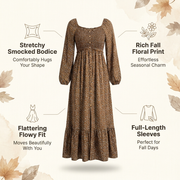 Floral Midi Dress square neckline and stretchy smocked bodice detail
