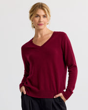 Everyday Relaxed 100% Cashmere V-Neck Sweater in Barolo - Pure Mongolian cashmere drop shoulder knit
