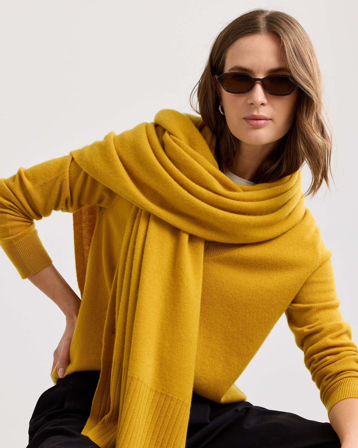 Everyday Relaxed 100% Cashmere V-Neck Sweater in Dijon - Pure Mongolian cashmere drop shoulder knit