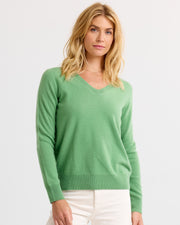 Everyday Relaxed 100% Cashmere V-Neck Sweater in Matcha - Pure Mongolian cashmere drop shoulder knit