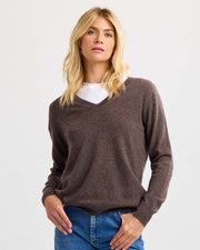 Everyday Relaxed 100% Cashmere V-Neck Sweater in Mocha - Pure Mongolian cashmere drop shoulder knit