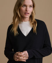 Everyday Relaxed 100% Cashmere V-Neck Sweater in Black - Soft lightweight drop-shoulder luxury knitwear