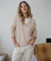 Everyday Relaxed 100% Cashmere V-Neck Sweater in Oatmeal - Soft lightweight drop-shoulder luxury knitwear