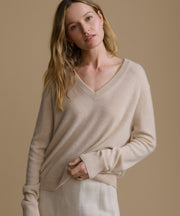 Everyday Relaxed Cashmere V-Neck Sweater in Oatmeal - Flattering drape and ribbed hem details