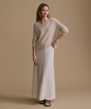 Everyday Relaxed Cashmere V-Neck Sweater in Oatmeal - Styled autumn outfit with effortless fit