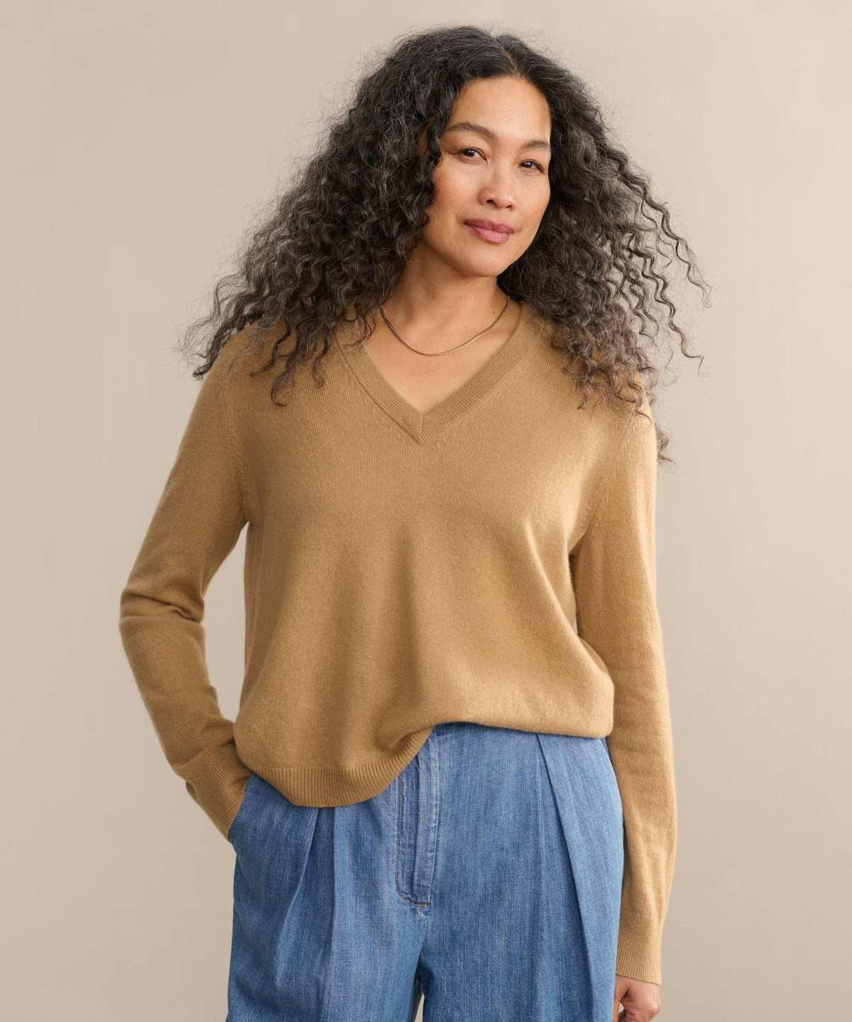 Everyday Relaxed 100% Cashmere V-Neck Sweater in Camel - Soft lightweight drop-shoulder luxury knitwear