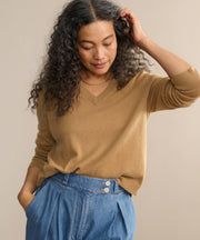 Everyday Relaxed Cashmere V-Neck Sweater in Camel - Flattering drape and ribbed hem details