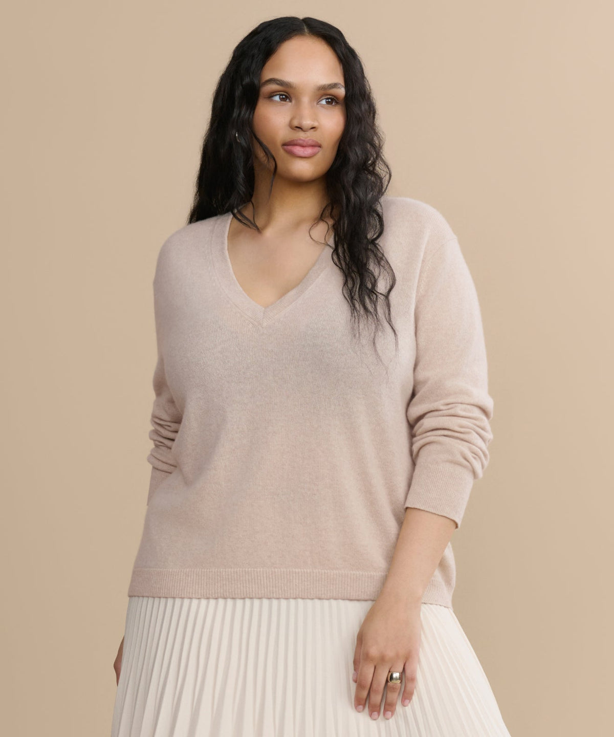 Everyday Relaxed 100% Cashmere V-Neck Sweater in Ballet Pink - Pure Mongolian cashmere drop shoulder knit