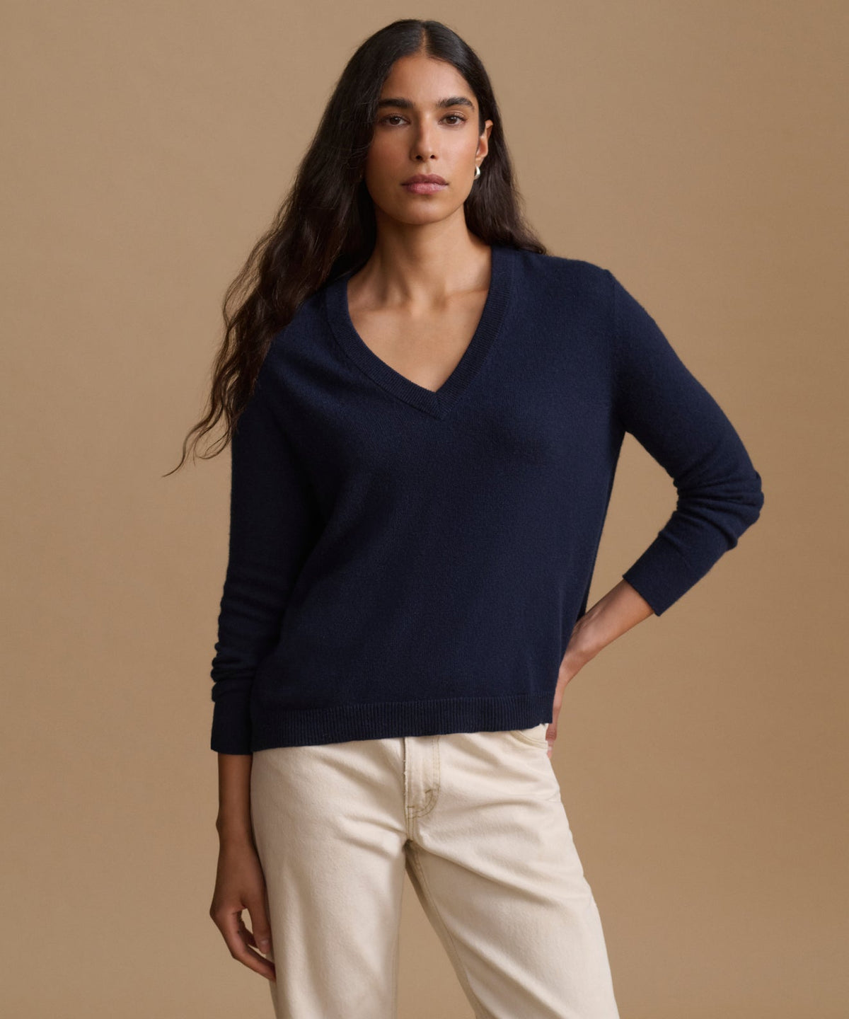 Everyday Relaxed 100% Cashmere V-Neck Sweater in Dark Navy - Pure Mongolian cashmere drop shoulder knit