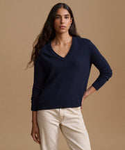 Everyday Relaxed 100% Cashmere V-Neck Sweater in Dark Navy - Pure Mongolian cashmere drop shoulder knit