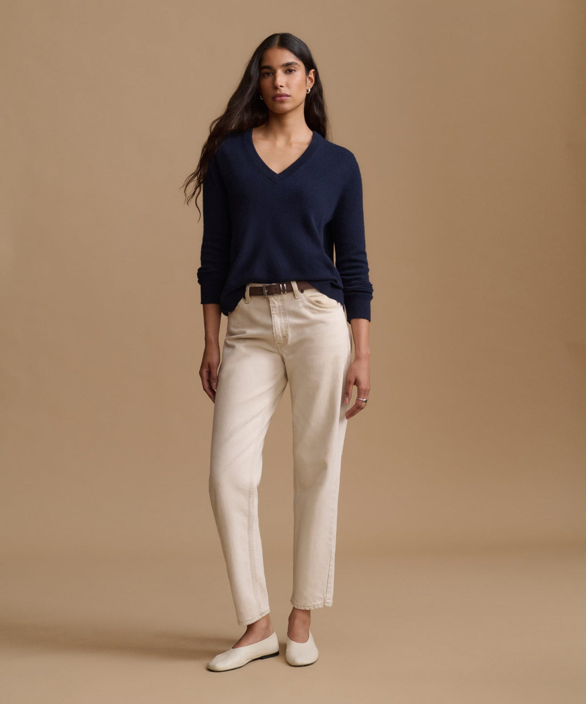 Everyday Relaxed 100% Cashmere V-Neck Sweater in Dark Navy - Pure Mongolian cashmere drop shoulder knit