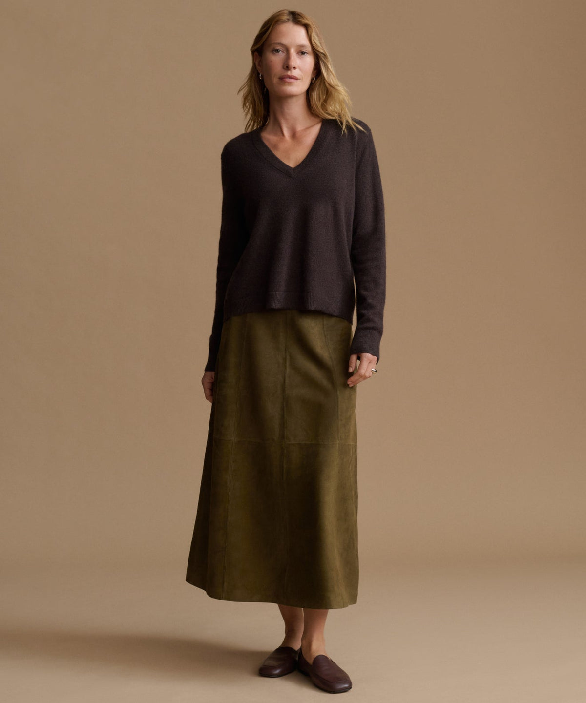 Everyday Relaxed 100% Cashmere V-Neck Sweater in Espresso - Pure Mongolian cashmere drop shoulder knit