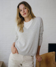Everyday Relaxed 100% Cashmere V-Neck Sweater in Heather Grey - Pure Mongolian cashmere drop shoulder knit
