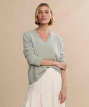 Everyday Relaxed 100% Cashmere V-Neck Sweater in Sage Green - Pure Mongolian cashmere drop shoulder knit