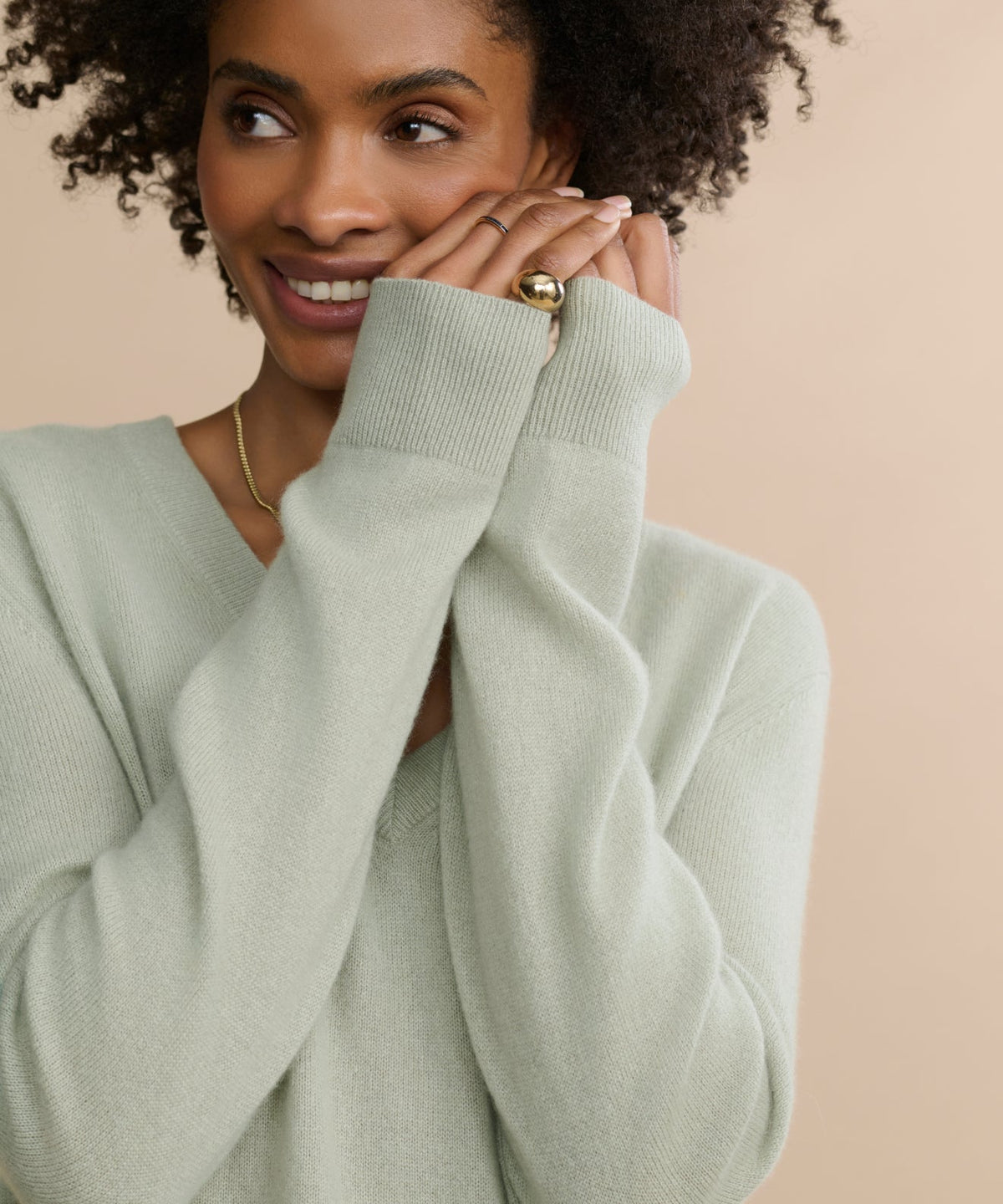 Everyday Relaxed 100% Cashmere V-Neck Sweater in Sage Green - Pure Mongolian cashmere drop shoulder knit